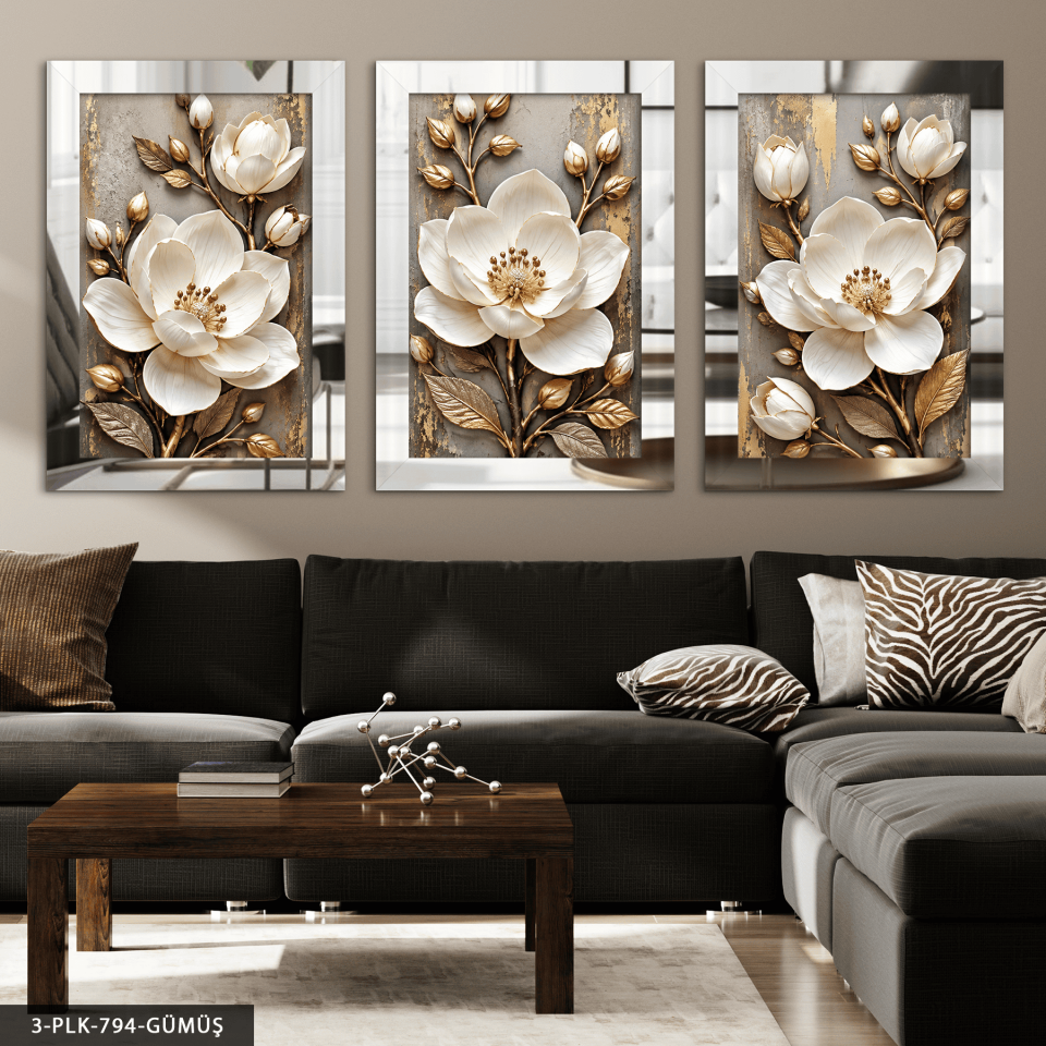 Gold Yapraklı Beyaz Dokulu Görünüm Çiçekler 3 Parça Pleksi Aynalı Tablo Gümüş - 40 x 60 CM