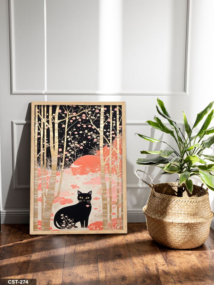 Kara Kedi Tek Parça Ahşap Çerçeveli Tablo Naturel - 40 x 60 CM