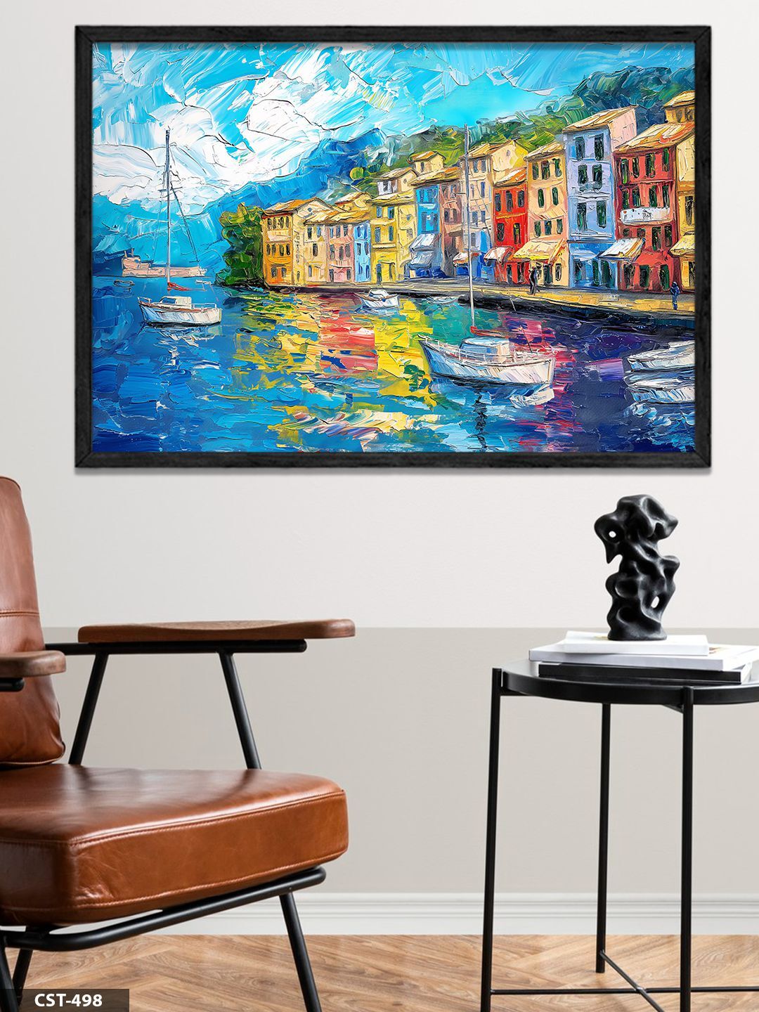 Renkli Liman Tek Parça Ahşap Çerçeveli Tablo Siyah - 30 x 40 CM