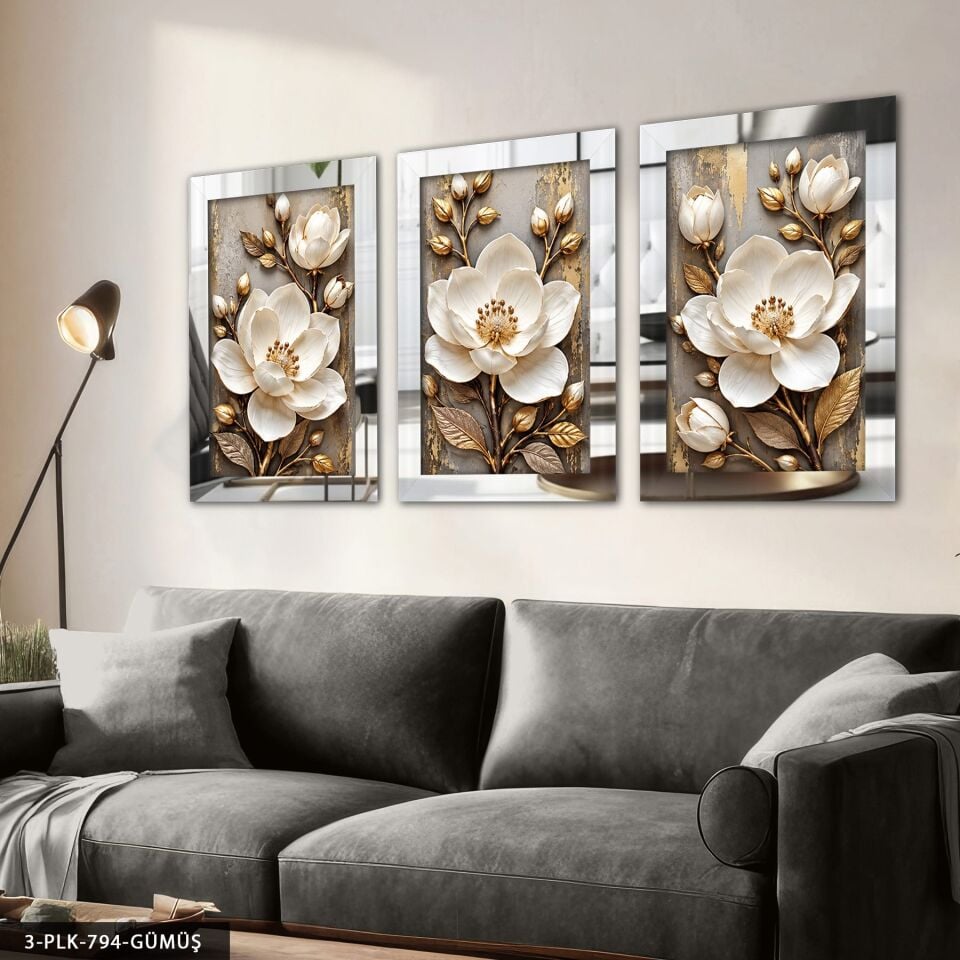 Gold Yapraklı Beyaz Dokulu Görünüm Çiçekler 3 Parça Pleksi Aynalı Tablo Gümüş - 50 x 70 CM