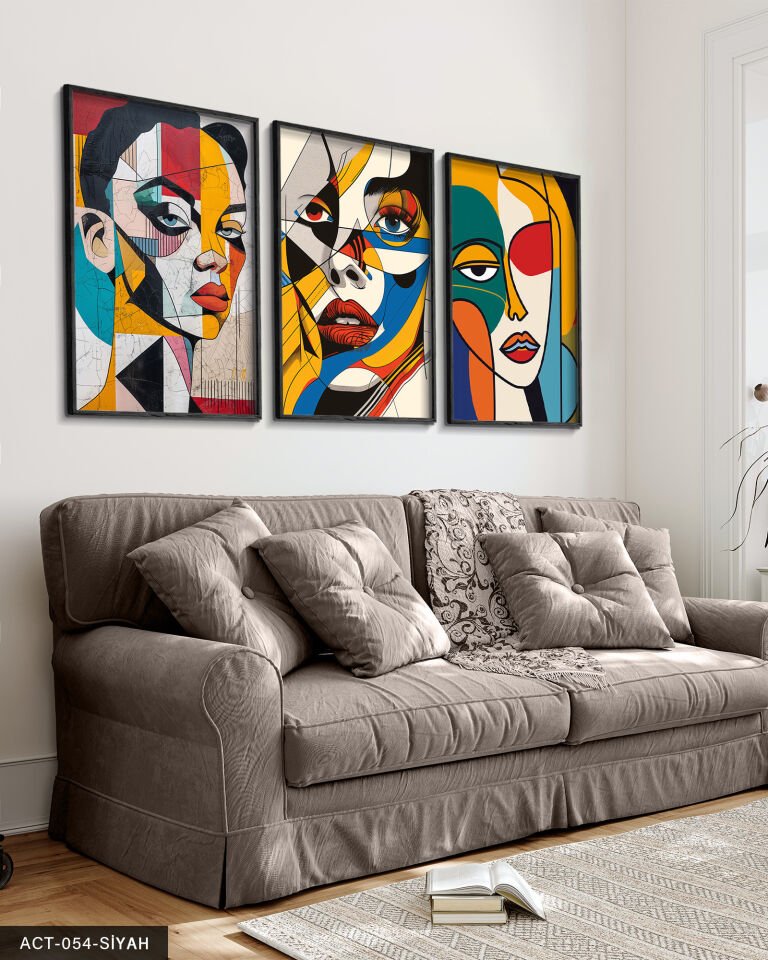 Renkli Kadın Portre 3 Parça Ahşap Çerçeveli Tablo Siyah - 40 x 60 CM