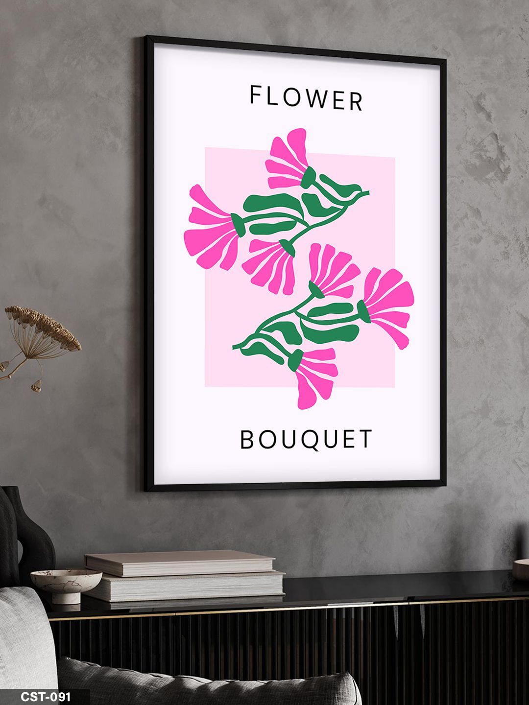 Pembe Çiçek illüstrasyon Flower Bouquet Yazılı Tek Parça Ahşap Çerçeveli Tablo Siyah - 20 x 30 CM