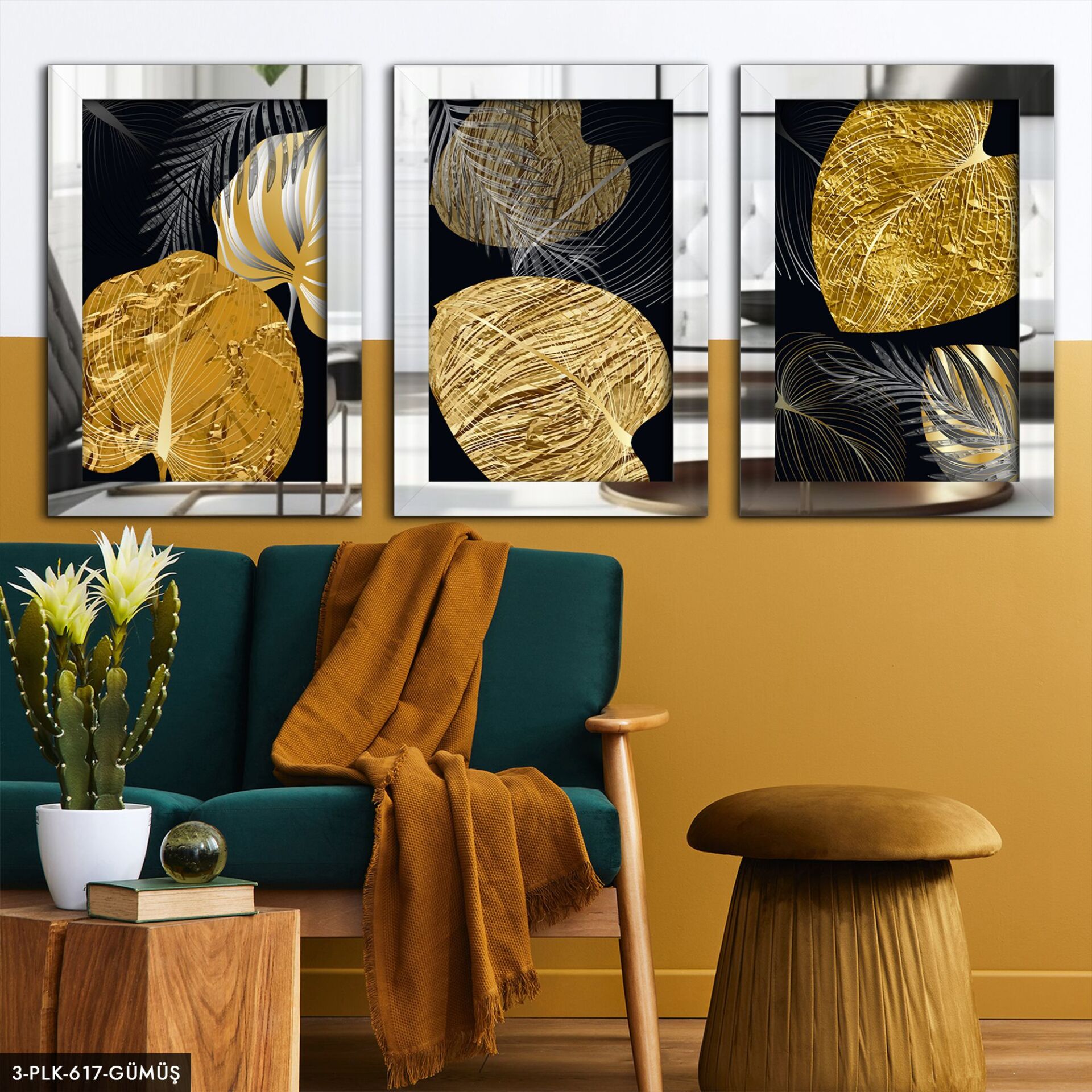 Gold Yapraklar 3 Parça Pleksi Aynalı Tablo 60 x 80 CM - Gümüş