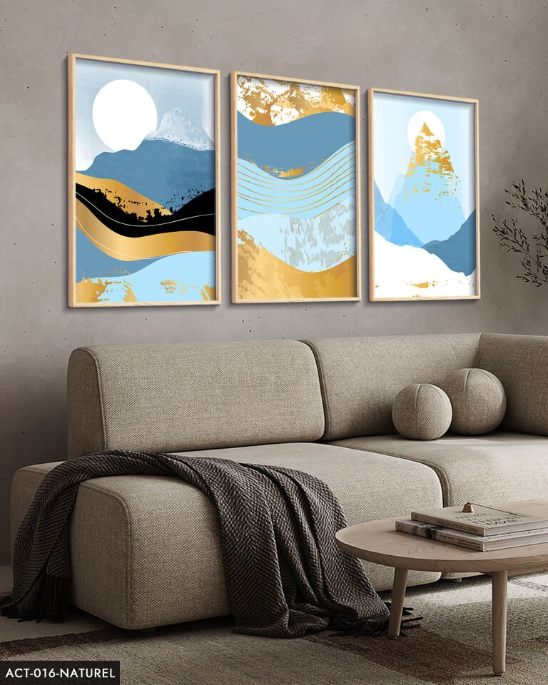 Soyut Dağ Görsel 3 Parça Ahşap Çerçeveli Tablo ACT Naturel - 30 x 40 CM