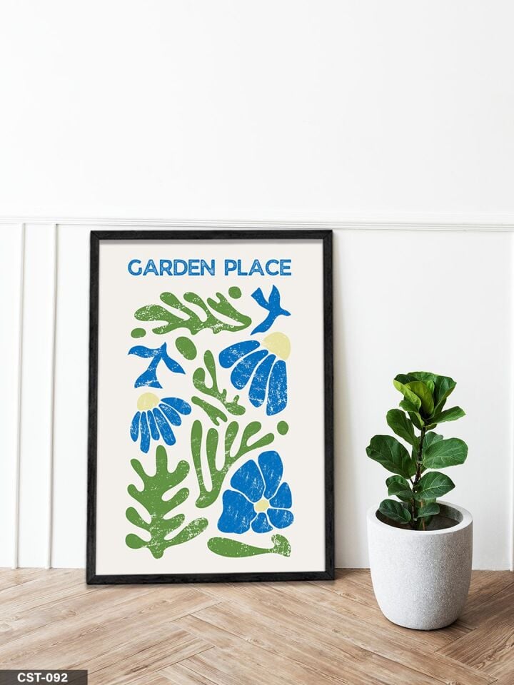 Mavi-yeşil Çiçekli Garden Place Yazılı Tek Parça Ahşap Çerçeveli Tablo Siyah - 20 x 30 CM