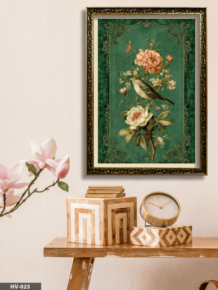 Kuş ve Çiçekler Vintage Desenli Premium Çerçeveli Tek Parça Tablo 75x55 CM HV