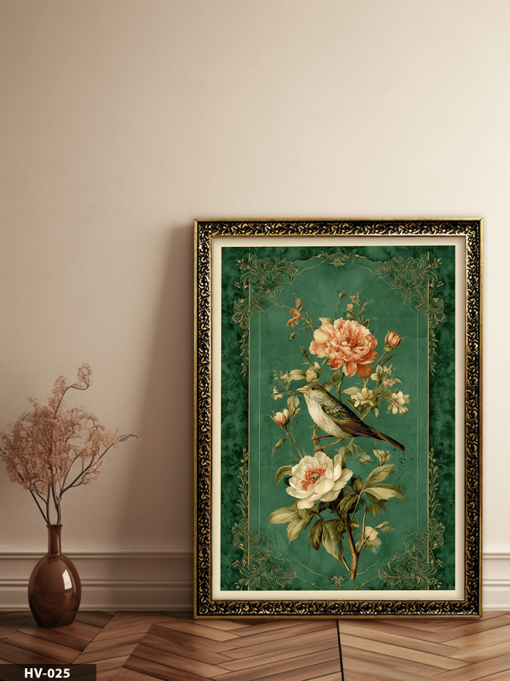 Kuş ve Çiçekler Vintage Desenli Premium Çerçeveli Tek Parça Tablo 75x55 CM HV