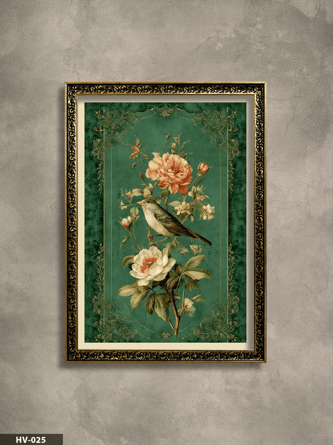Kuş ve Çiçekler Vintage Desenli Premium Çerçeveli Tek Parça Tablo 75x55 CM HV