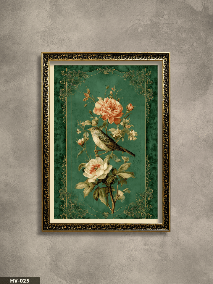 Kuş ve Çiçekler Vintage Desenli Premium Çerçeveli Tek Parça Tablo 75x55 CM HV
