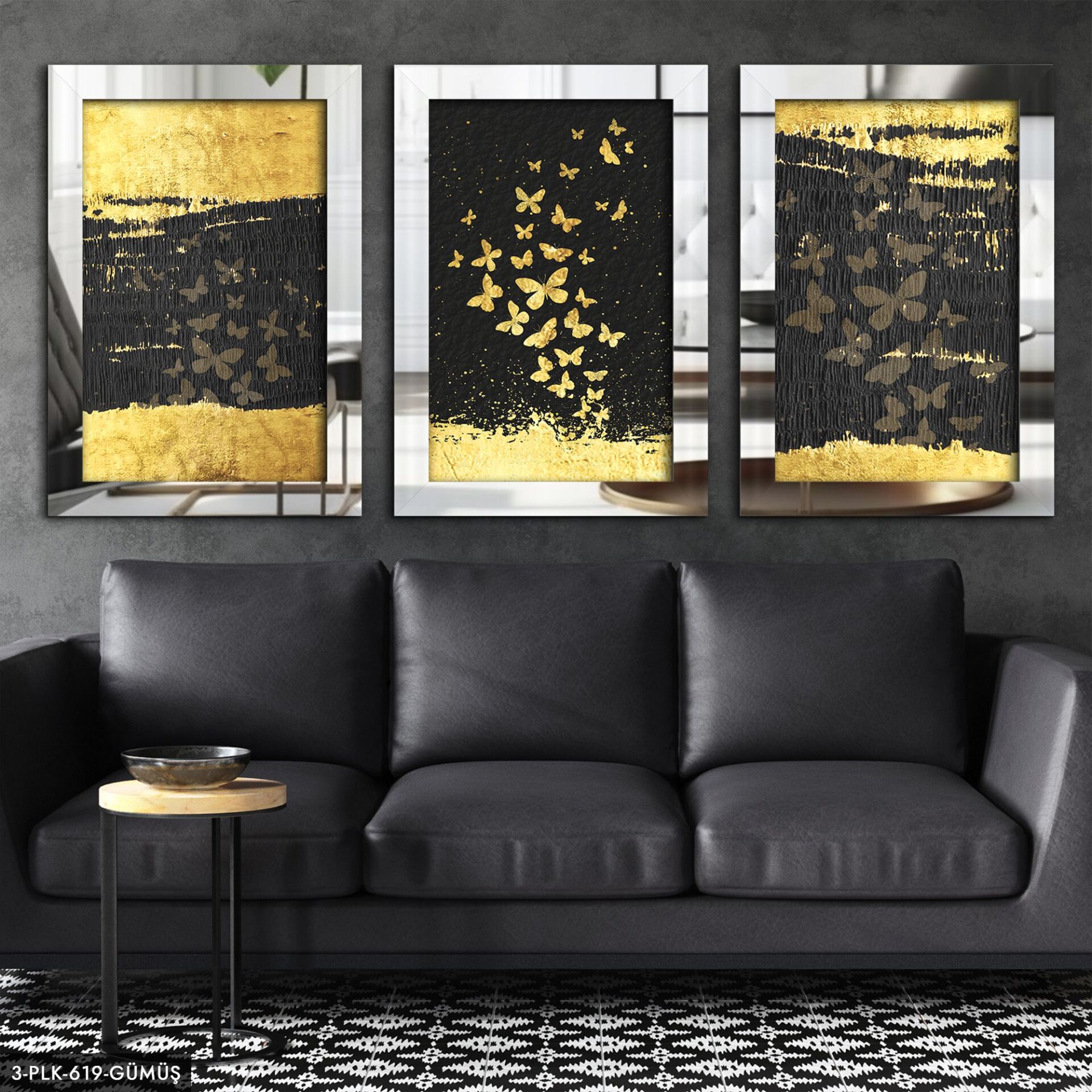Gold Kelebekler 3 Parça Pleksi Aynalı Tablo 60 x 80 CM - Gümüş