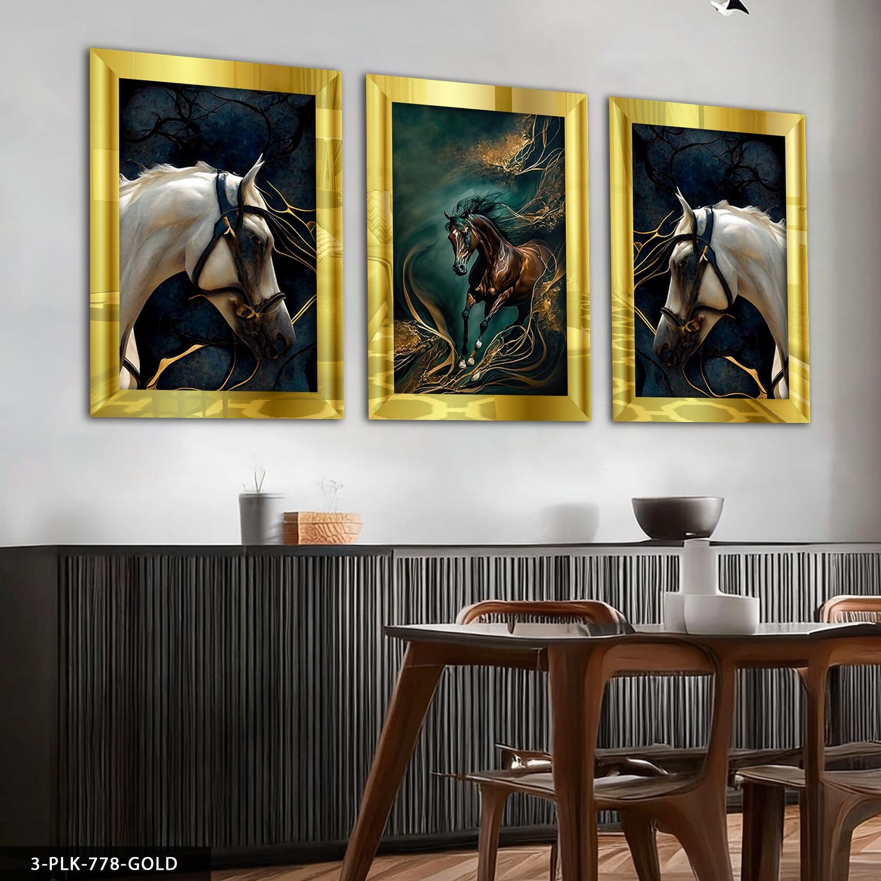 Gold Detaylı Atlar 3 Parça Pleksi Aynalı Tablo 40 x 60 CM - Gold