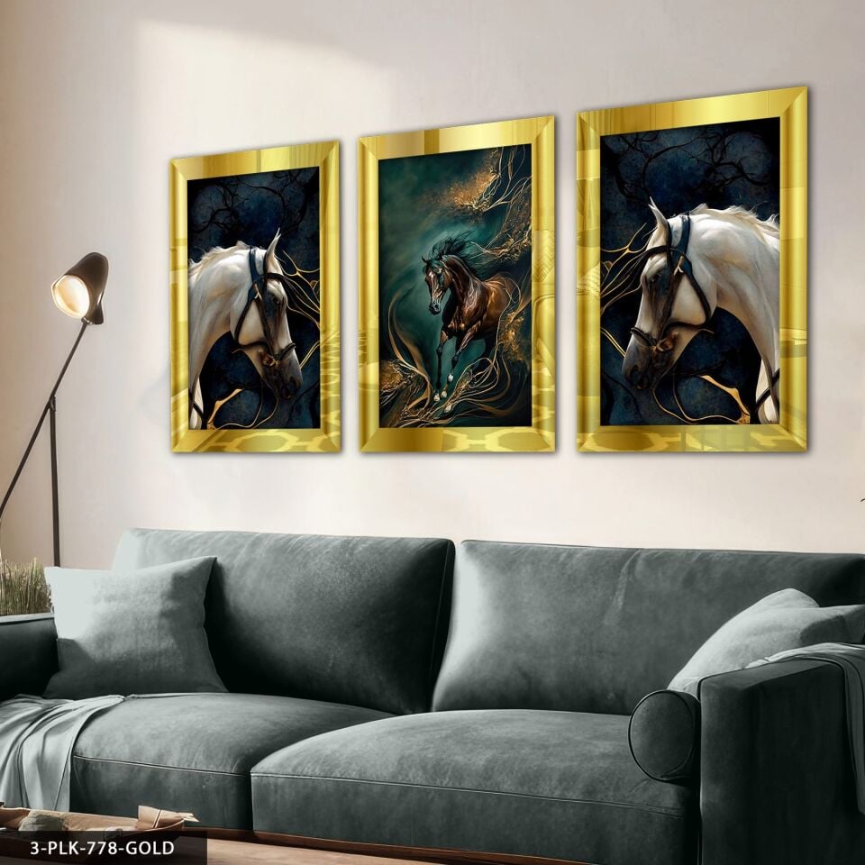 Gold Detaylı Atlar 3 Parça Pleksi Aynalı Tablo 40 x 60 CM - Gold