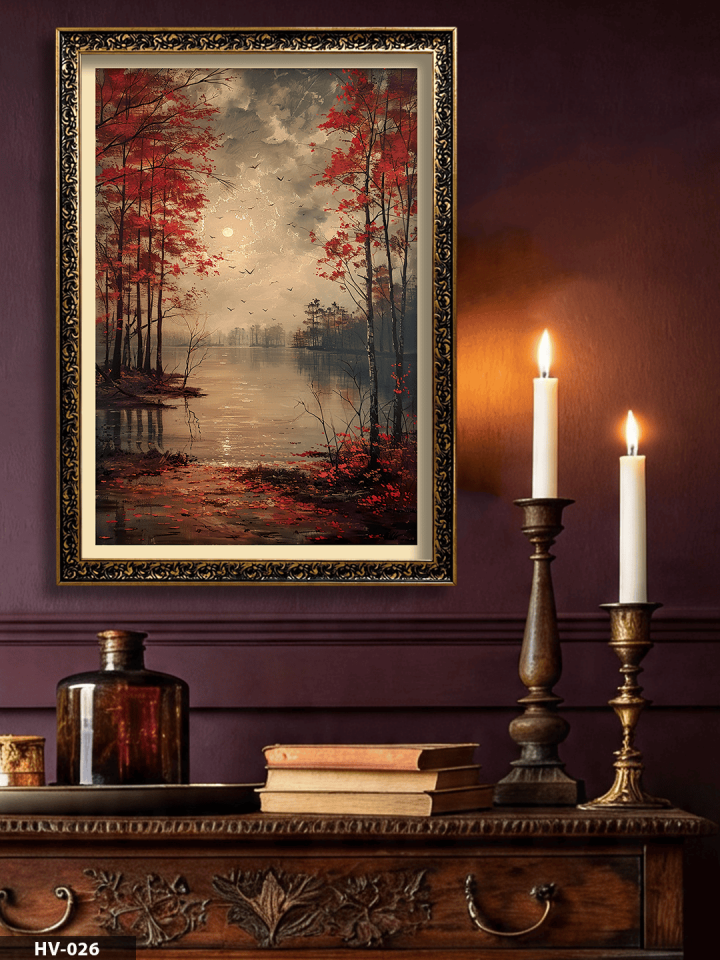 Kırmızı Ağaç ve Gölet Vintage Desenli Premium Çerçeveli Tek Parça Tablo 75x55 CM HV