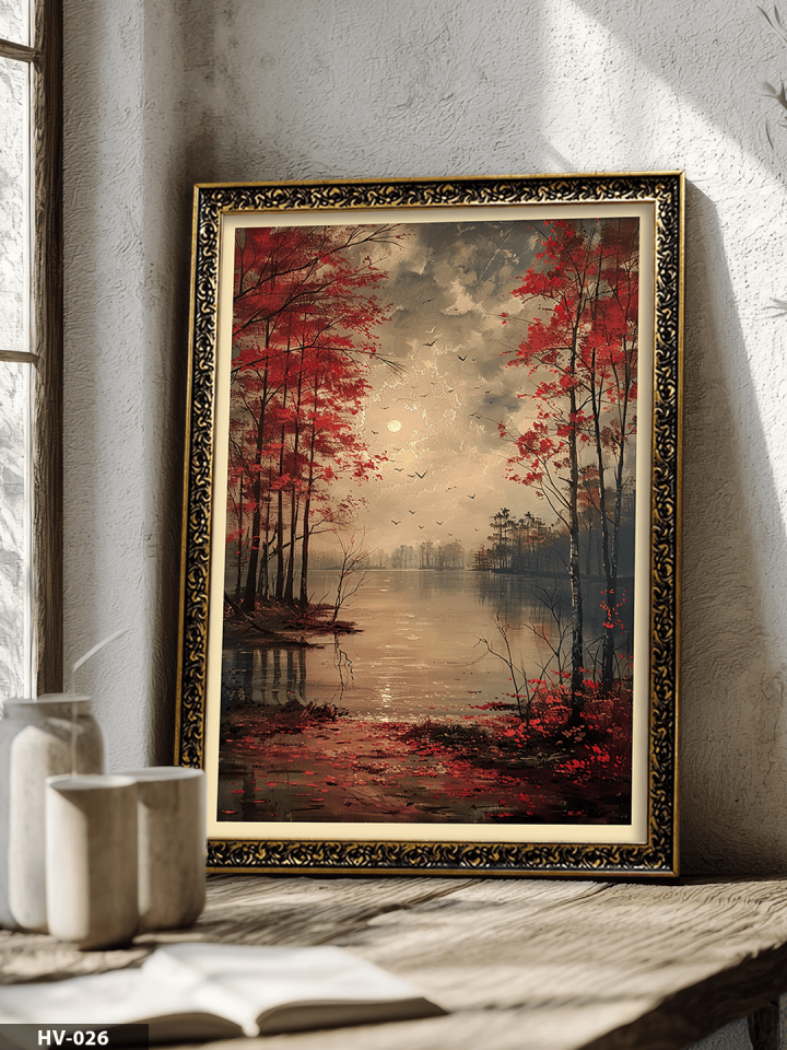 Kırmızı Ağaç ve Gölet Vintage Desenli Premium Çerçeveli Tek Parça Tablo 75x55 CM HV