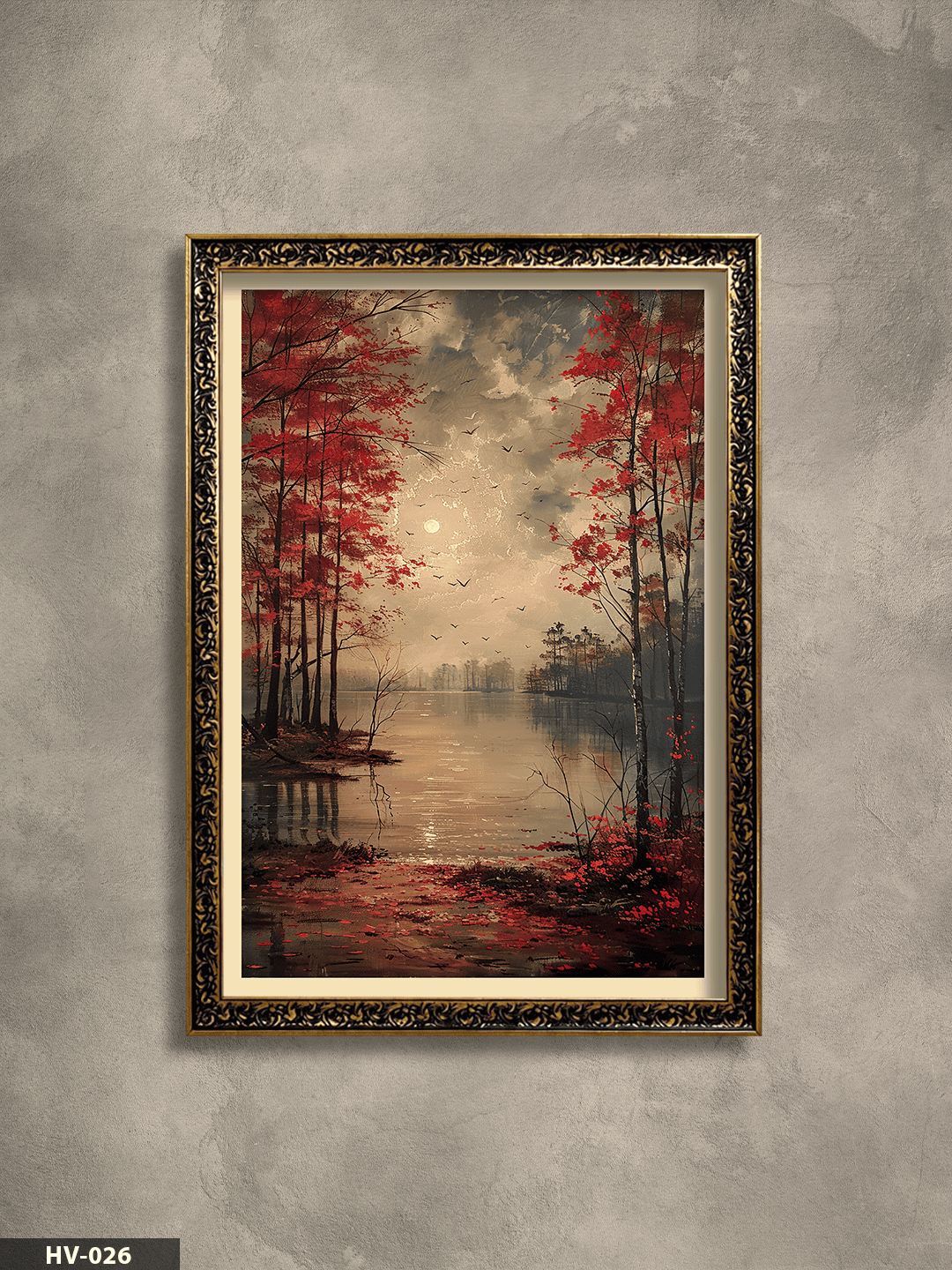 Kırmızı Ağaç ve Gölet Vintage Desenli Premium Çerçeveli Tek Parça Tablo 75x55 CM HV