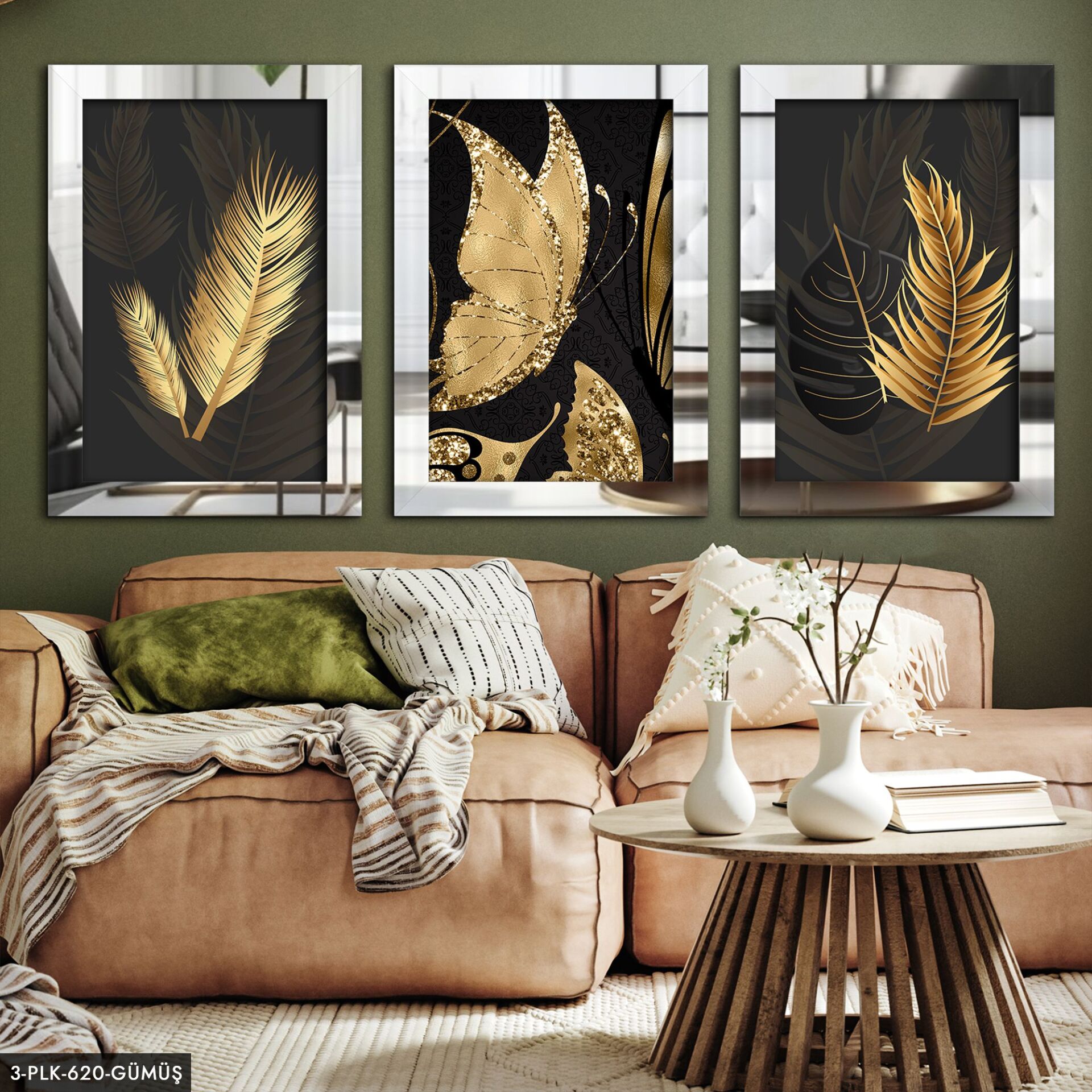 Kelebekler Yapraklar 3 Parça Pleksi Aynalı Tablo 60 x 80 CM - Gümüş