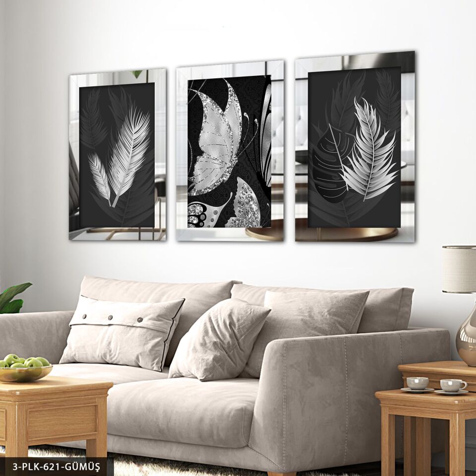 Gümüş Kelebekler 3 Parça Pleksi Aynalı Tablo 60 x 80 CM - Gümüş
