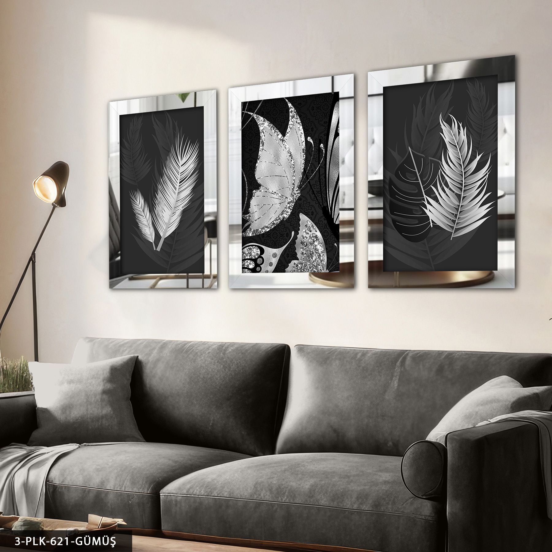 Gümüş Kelebekler 3 Parça Pleksi Aynalı Tablo 60 x 80 CM - Gümüş