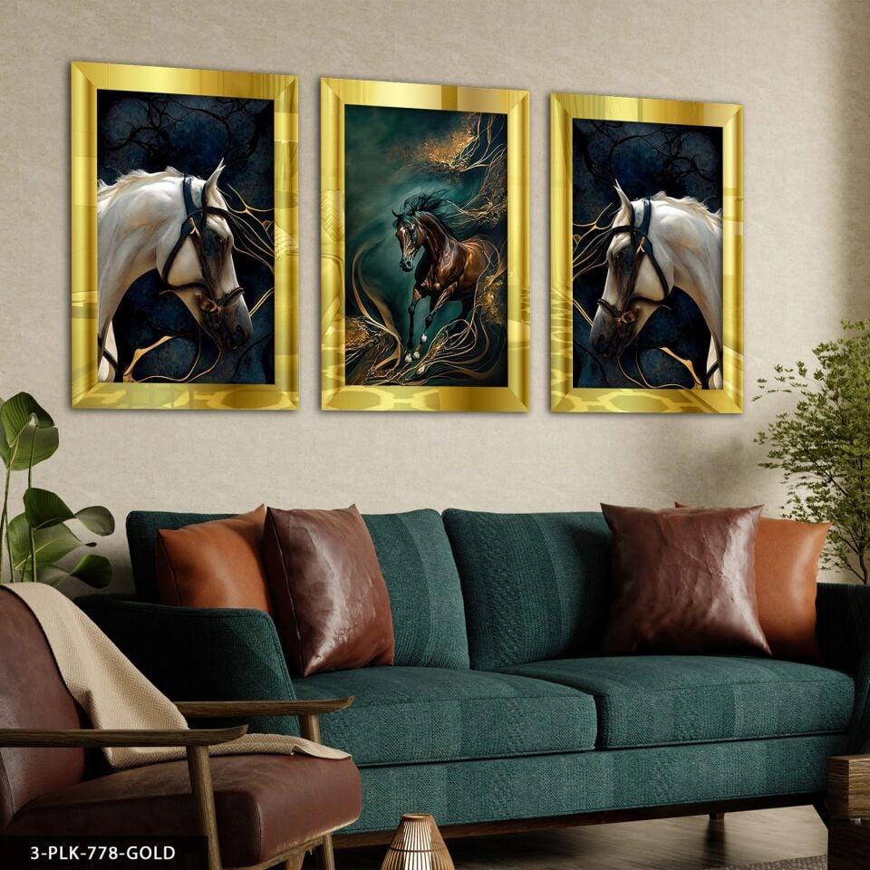 Gold Detaylı Atlar 3 Parça Pleksi Aynalı Tablo 50 x 70 CM - Gold