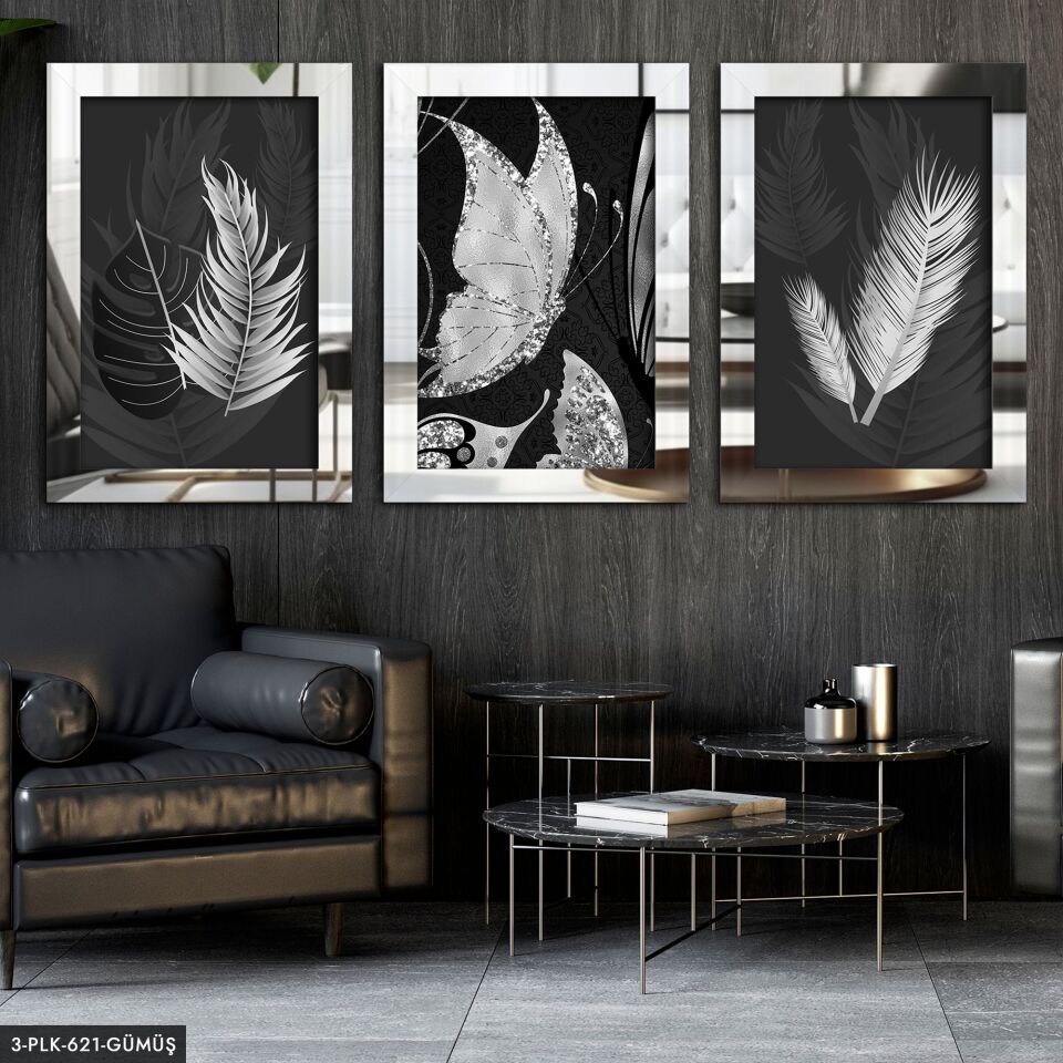 Gümüş Kelebekler 3 Parça Pleksi Aynalı Tablo 60 x 80 CM - Gümüş