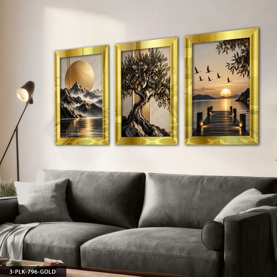 Ay Işığı Manzarası be Gold Ağaç 3 Parça Pleksi Aynalı Tablo