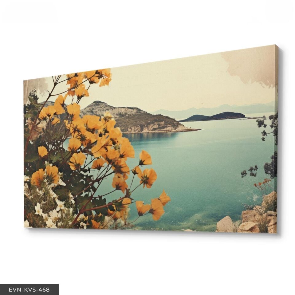 Deniz ve Sarı Çiçekler Tek Parça Kanvas - Canvas Tablo