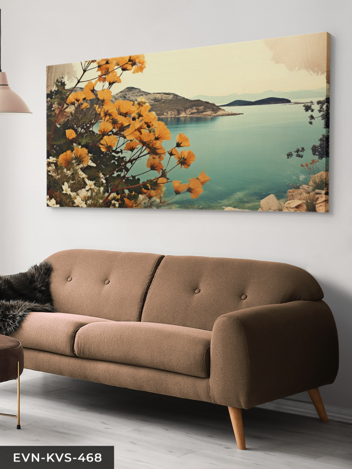 Deniz ve Sarı Çiçekler Tek Parça Kanvas - Canvas Tablo 140 x 90 CM - Çok Renkli