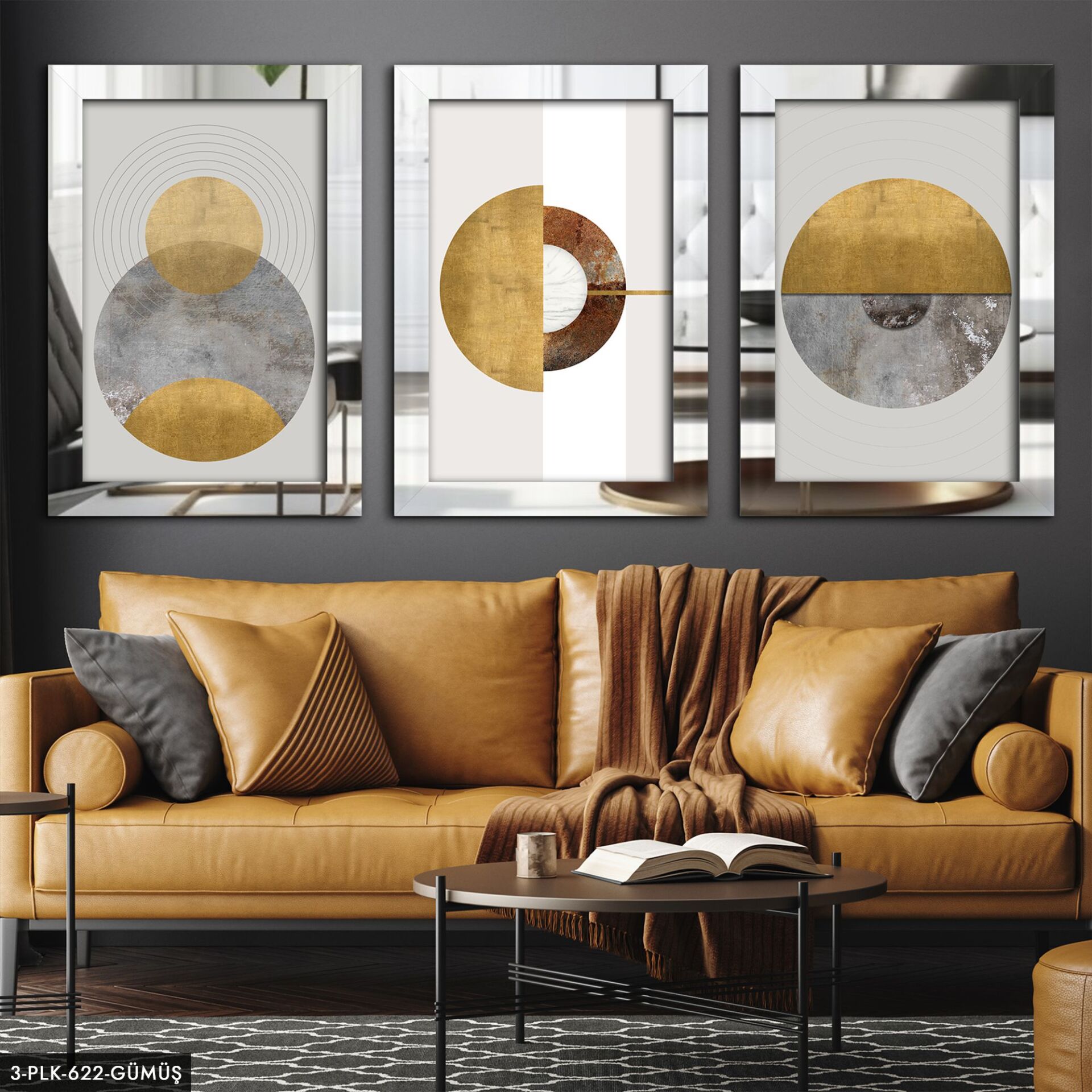 Soyut Yuvarlaklar 3 Parça Pleksi Aynalı Tablo 60 x 80 CM - Gümüş