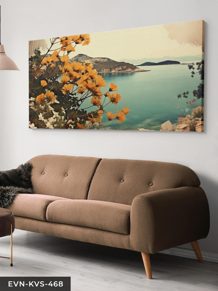 Deniz ve Sarı Çiçekler Tek Parça Kanvas - Canvas Tablo