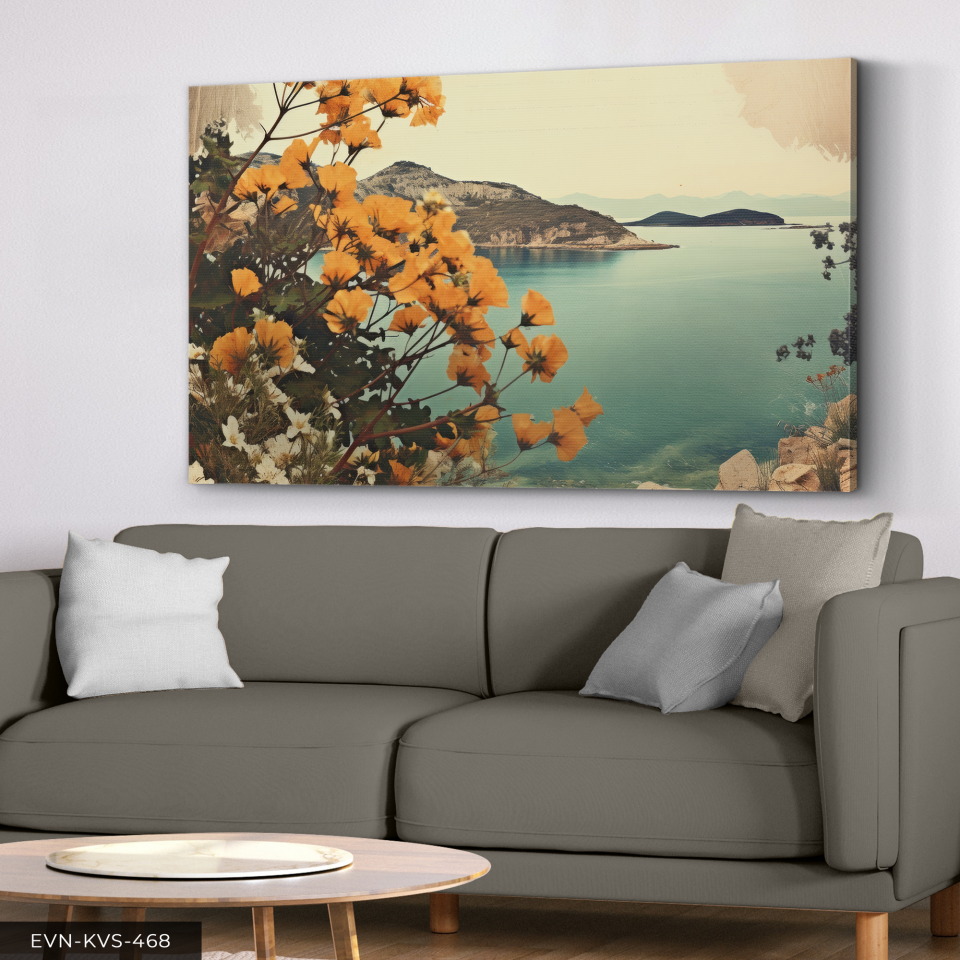 Deniz ve Sarı Çiçekler Tek Parça Kanvas - Canvas Tablo 140 x 90 CM - Çok Renkli