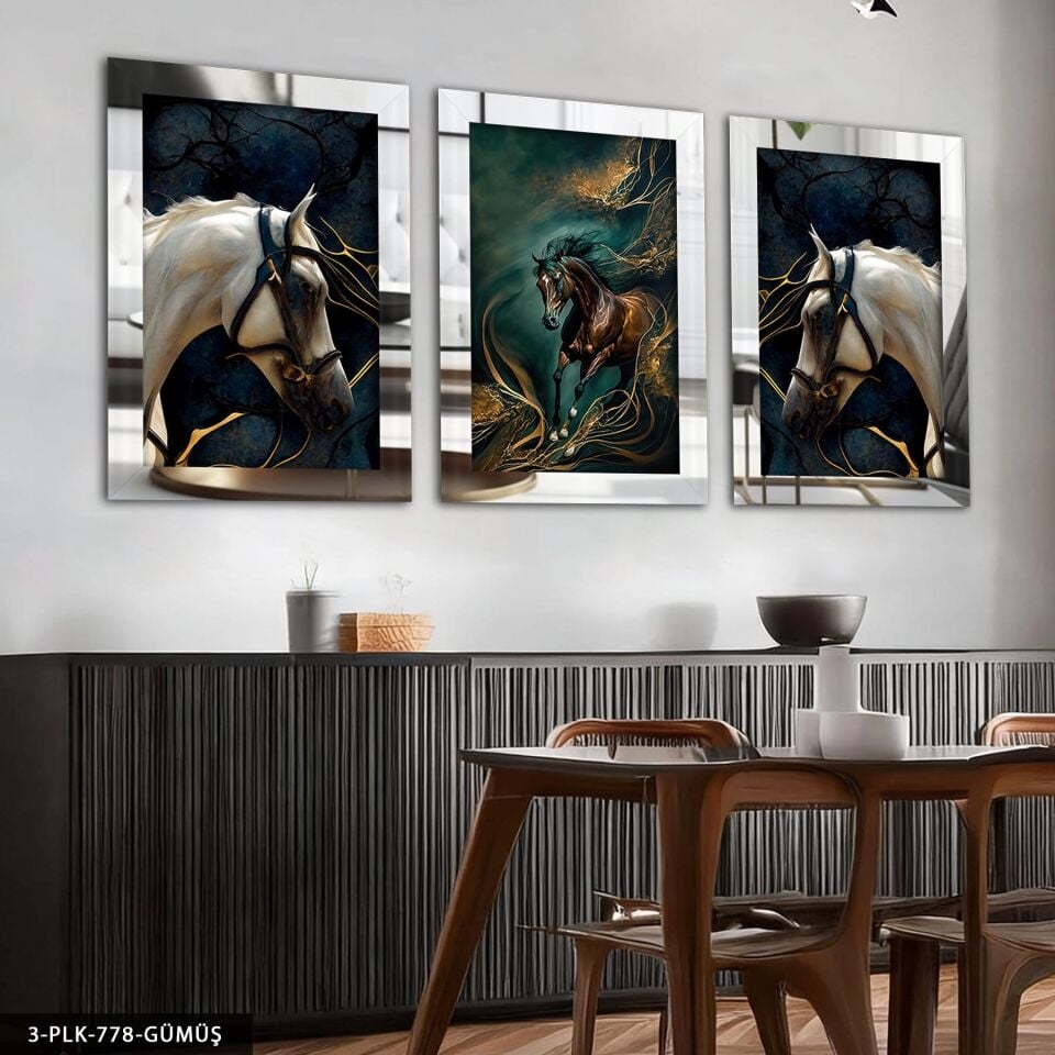 Gold Detaylı Atlar 3 Parça Pleksi Aynalı Tablo Gümüş - 40 x 60 CM