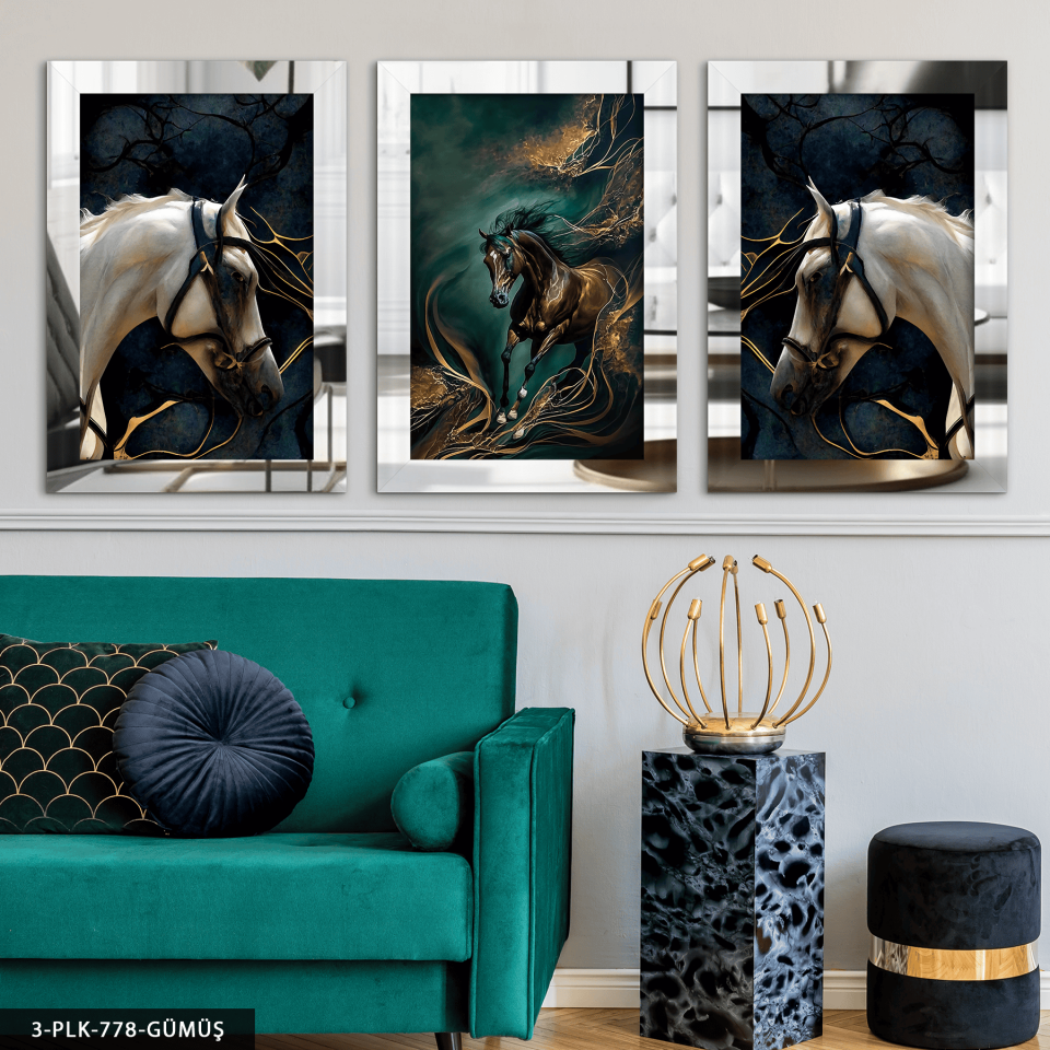 Gold Detaylı Atlar 3 Parça Pleksi Aynalı Tablo Gümüş - 40 x 60 CM