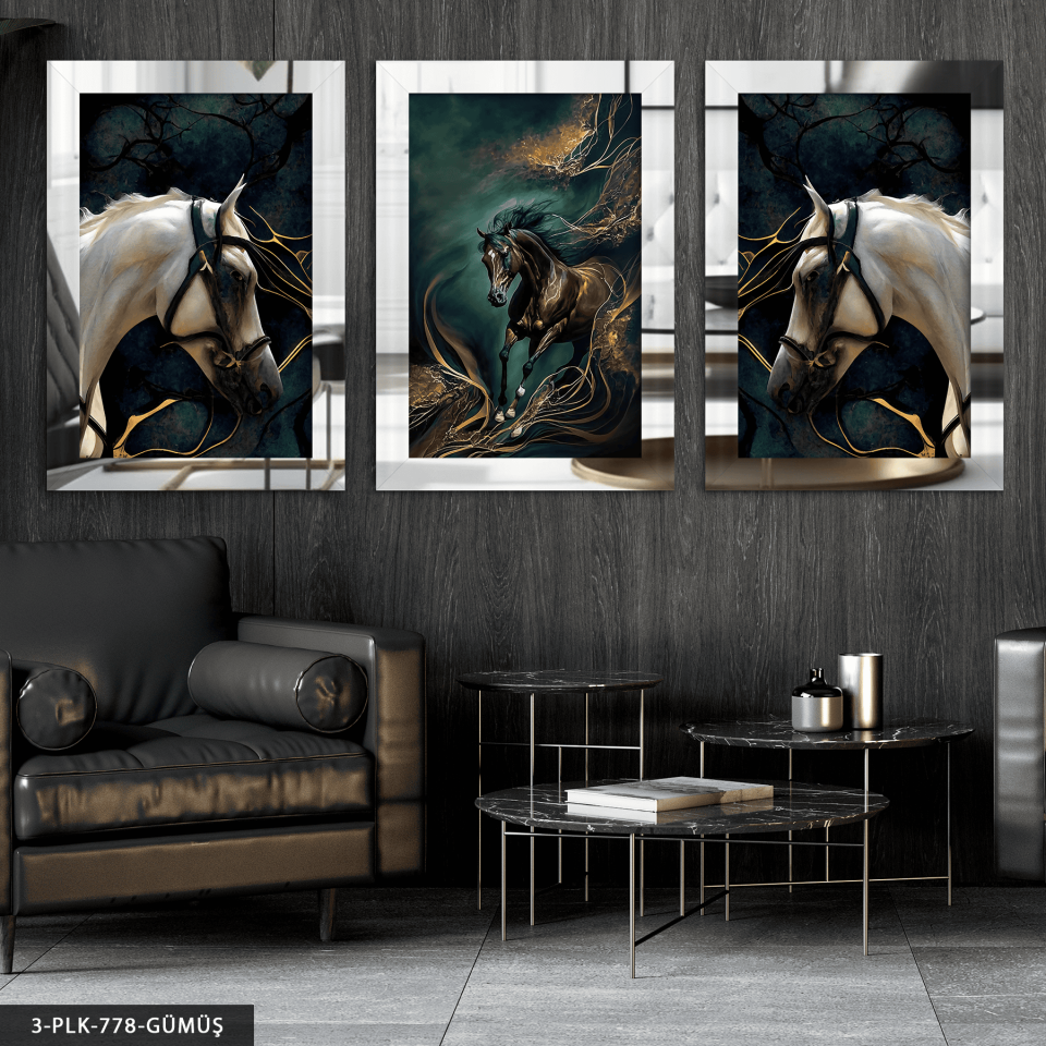 Gold Detaylı Atlar 3 Parça Pleksi Aynalı Tablo Gümüş - 40 x 60 CM