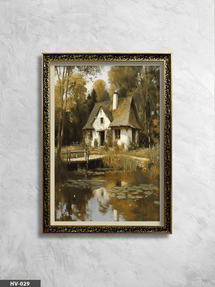 Orman Evi Vintage Desenli Premium Çerçeveli Tek Parça Tablo 75x55 CM HV