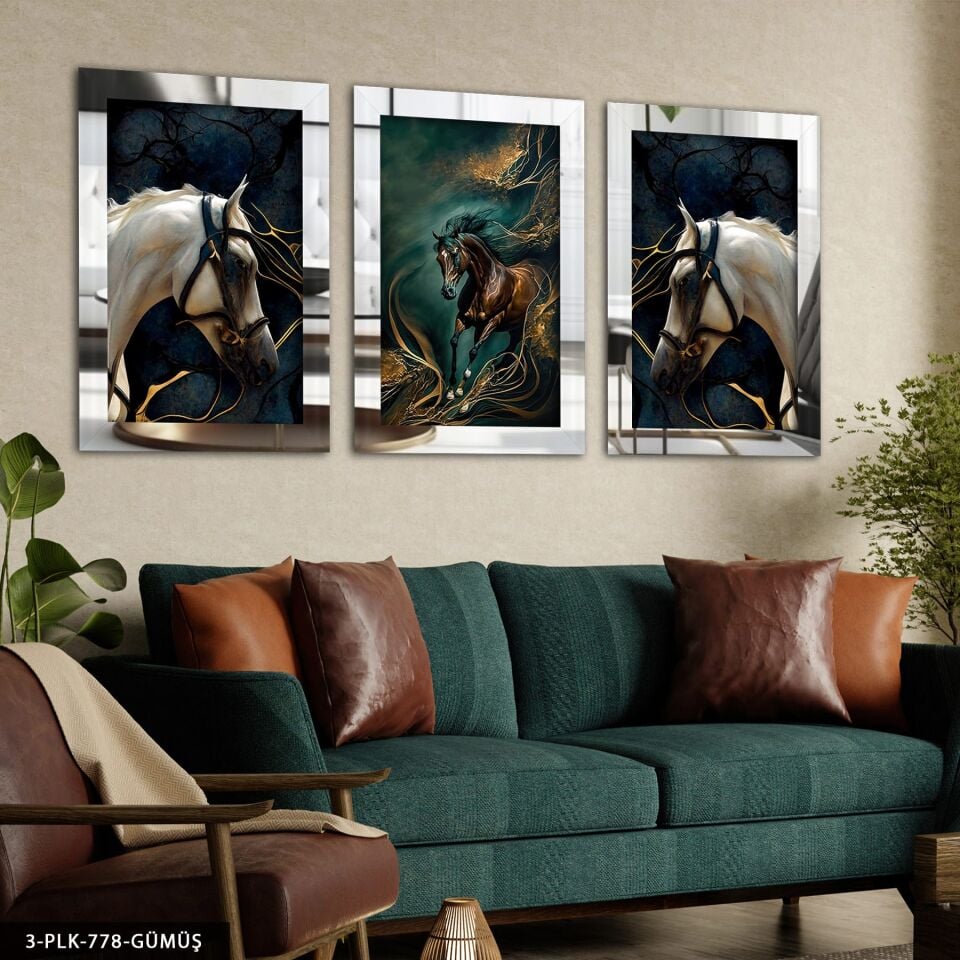 Gold Detaylı Atlar 3 Parça Pleksi Aynalı Tablo Gümüş - 50 x 70 CM