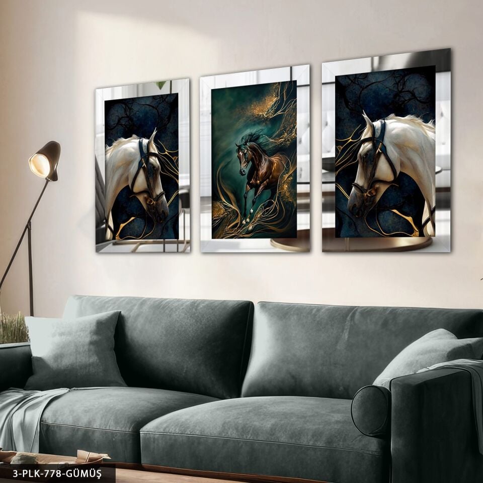 Gold Detaylı Atlar 3 Parça Pleksi Aynalı Tablo Gümüş - 50 x 70 CM