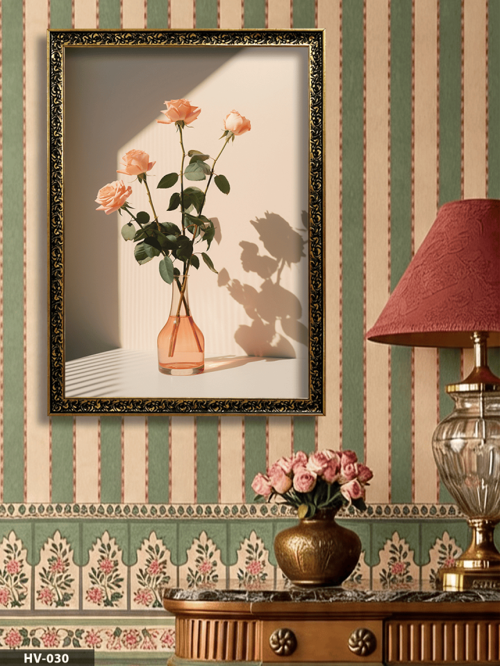 Vazoda Pembe Gül Vintage Desenli Premium Çerçeveli Tek Parça Tablo 75x55 CM HV