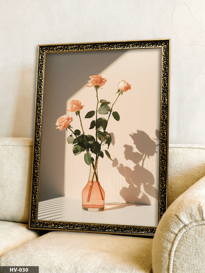 Vazoda Pembe Gül Vintage Desenli Premium Çerçeveli Tek Parça Tablo 75x55 CM HV