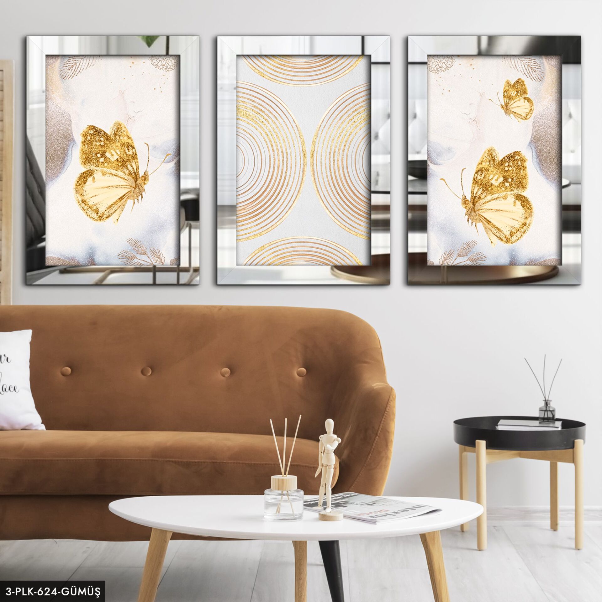 Kelebekler 3 Parça Pleksi Aynalı Tablo 60 x 80 CM - Gümüş
