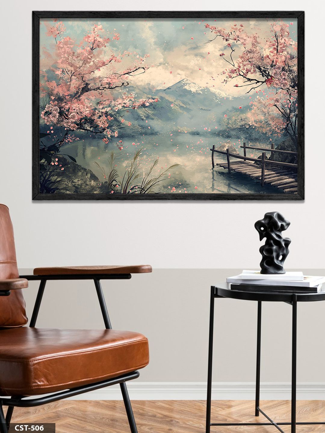 Pembe Çiçekli Ağaç Tek Parça Ahşap Çerçeveli Tablo Siyah - 30 x 40 CM