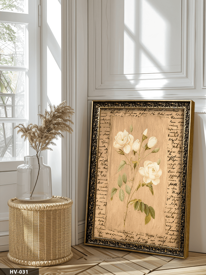 Sayfalar Arasında Çiçek Vintage Desenli Premium Çerçeveli Tek Parça Tablo 75x55 CM HV