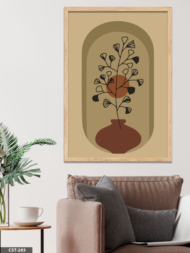 Kahverengi Vazoda Siyah Çiçek Tek Parça Ahşap Çerçeveli Tablo Naturel - 40 x 60 CM