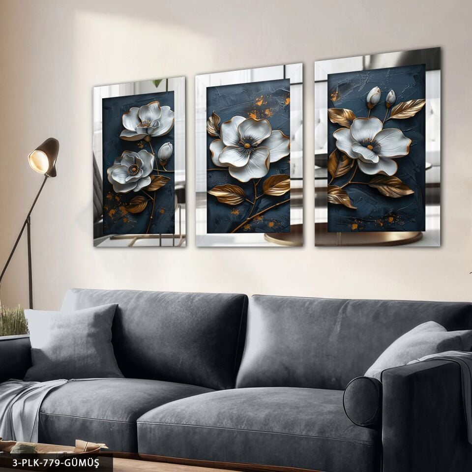 Eskitme Detaylı Gri Çiçek 3 Parça Pleksi Aynalı Tablo Gümüş - 30 x 40 CM
