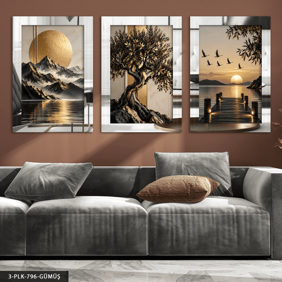 Ay Işığı Manzarası be Gold Ağaç 3 Parça Pleksi Aynalı Tablo Gümüş - 30 x 40 CM