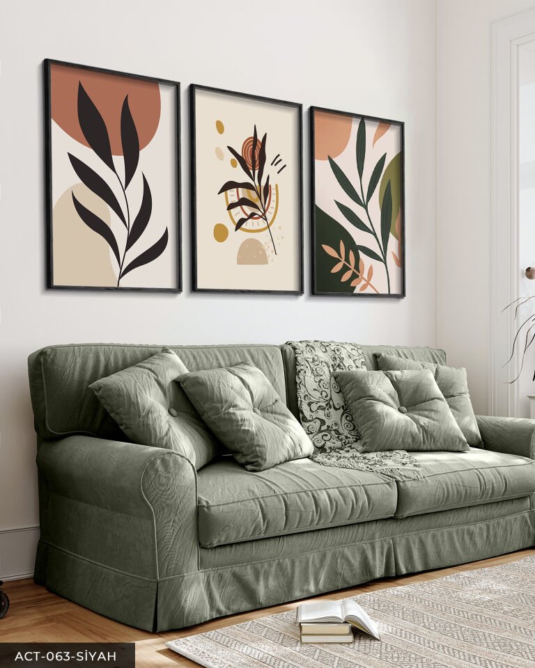 Çiçek Yaprak 3 Parça Ahşap Çerçeveli Tablo Siyah - 40 x 60 CM