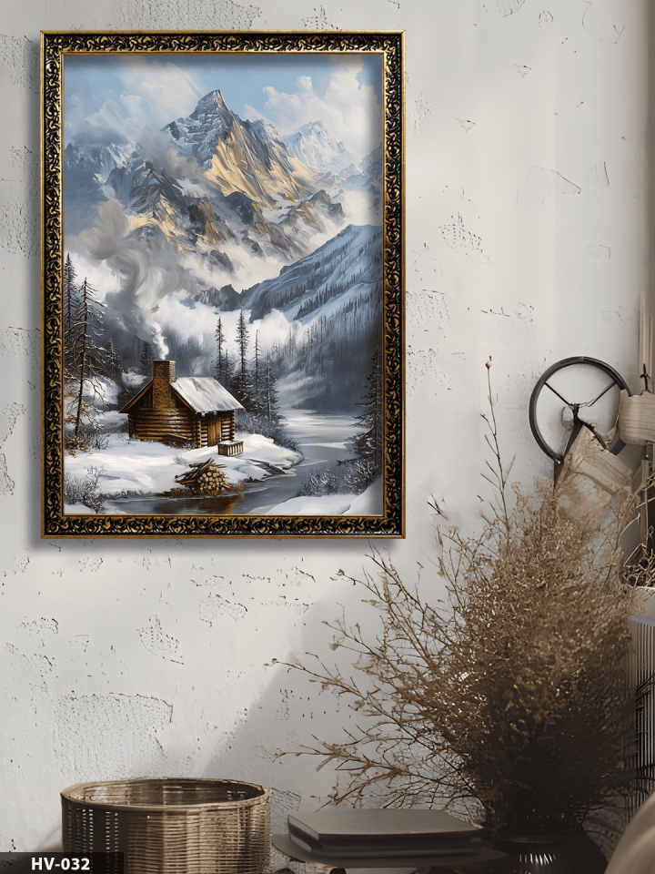 Karlı Dağ Evi Vintage Desenli Premium Çerçeveli Tek Parça Tablo 75x55 CM HV