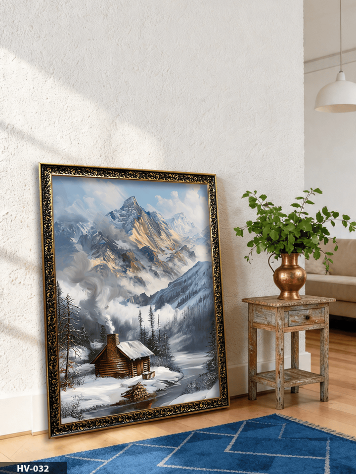 Karlı Dağ Evi Vintage Desenli Premium Çerçeveli Tek Parça Tablo 75x55 CM HV