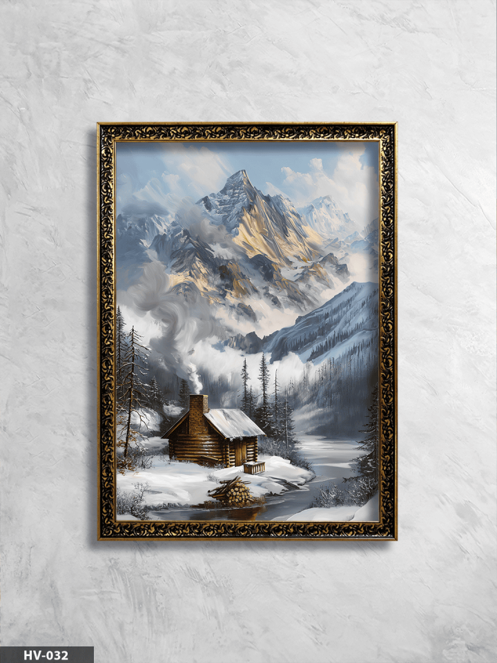 Karlı Dağ Evi Vintage Desenli Premium Çerçeveli Tek Parça Tablo 75x55 CM HV