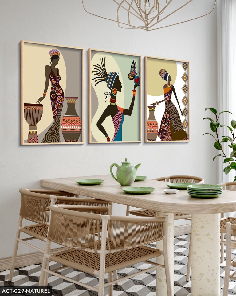 Etnik Afrikalı Kadınlar 3 Parça Ahşap Çerçeveli Tablo ACT Naturel - 30 x 40 CM
