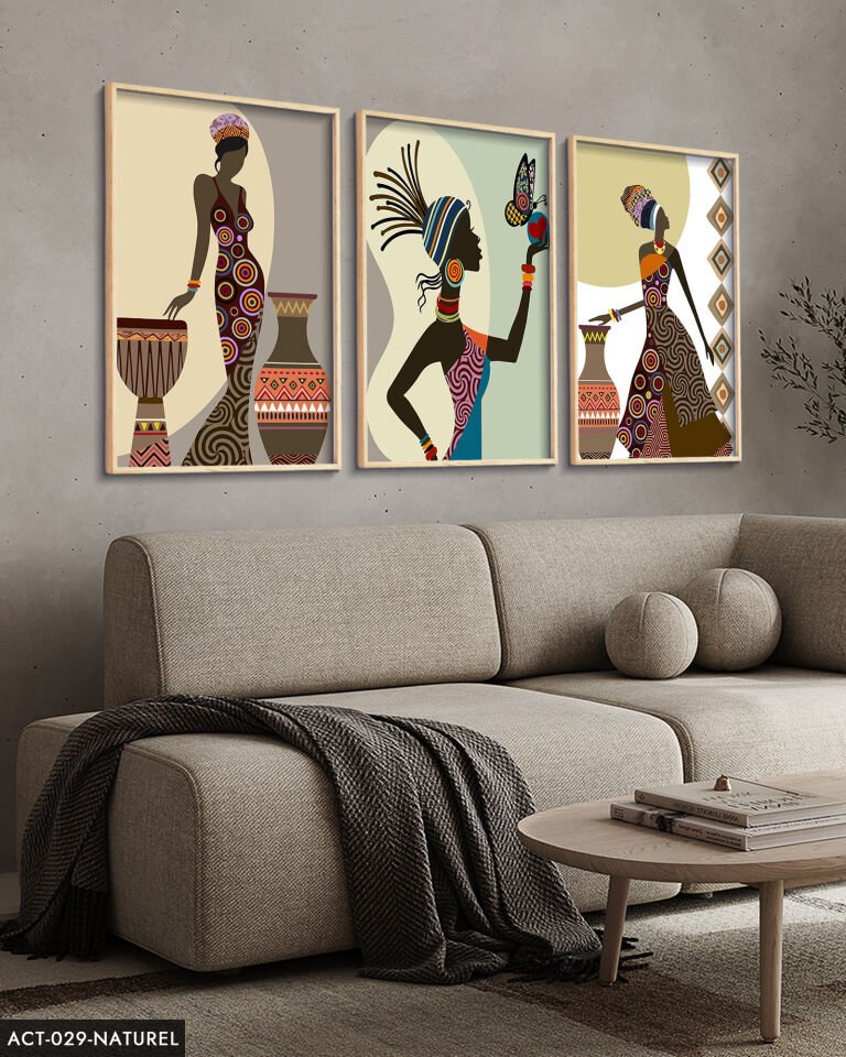 Etnik Afrikalı Kadınlar 3 Parça Ahşap Çerçeveli Tablo ACT Naturel - 30 x 40 CM